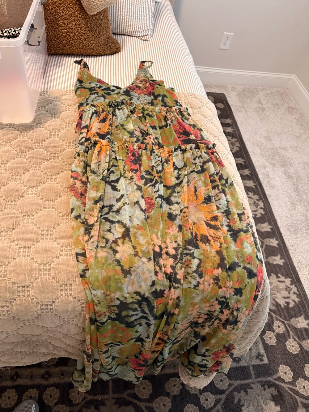 Free People Floral Tiered Maxi Dress in Green, Orange and Pink